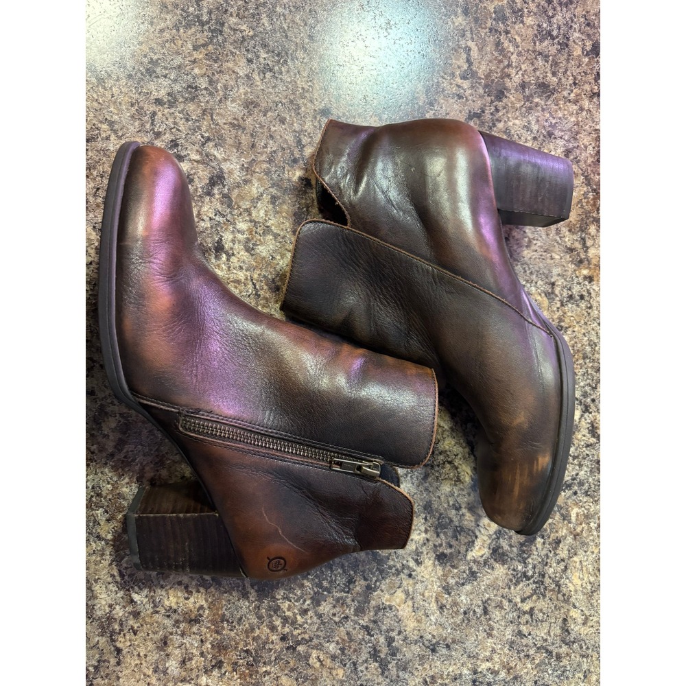 Born Brown Distressed Leather Ankle Boots Stacked Block Heel Side Zip‎ Size 11M
